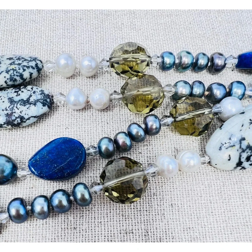 Lapis Lazuli Dalmatian Jasper and Pearl Long Strand Beaded Necklace
